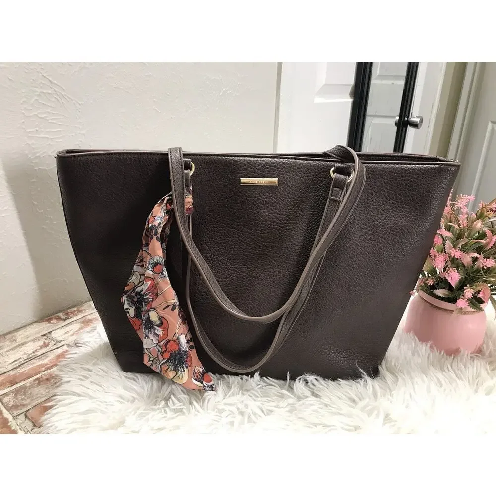 ANNE KLEIN WOMEN'S BROWN PEBBLE LEATHER TOTE GOLD SCARF HARWARE SIZE 18